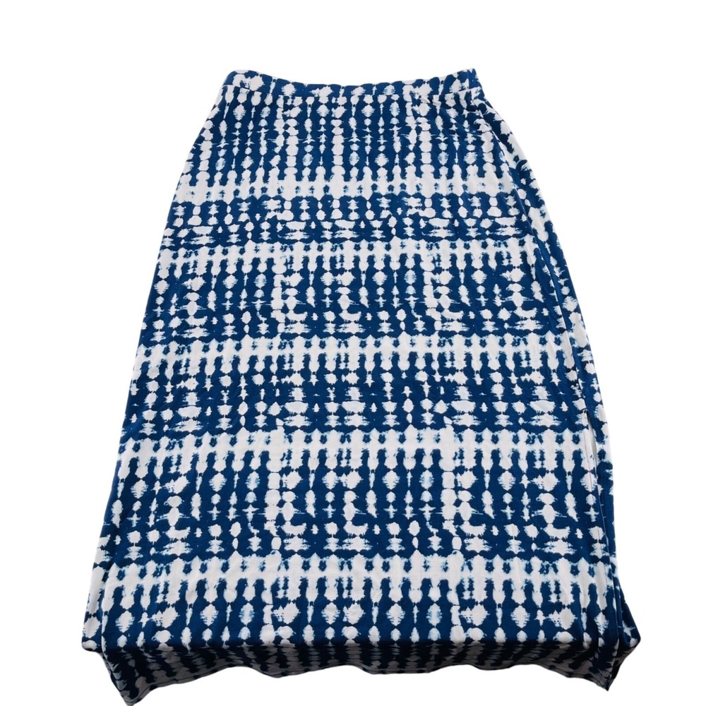 Chicos Size 1 Small Womens Blue & White Tie-Dye Maxi Skirt Stretch Knit